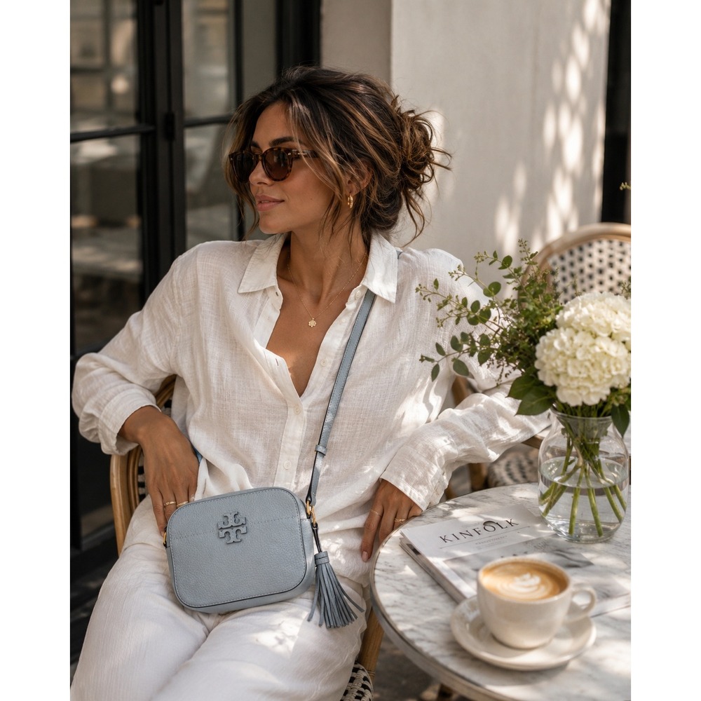 Tory Burch McGraw Camera Bag Mint Blue Pebbled Leather Crossbody Tassel Logo
